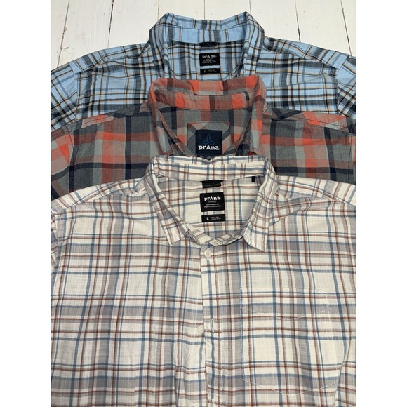 Lot Of 3 Prana Mens‎ Button Up Shirts Size L Large Short Sleeve Blue Red